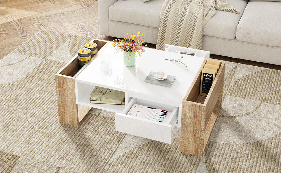 ON-TREND High Glossy Coffee Table with 2 Drawers, Practical Two Tone Center Table with Hidden Compartments, Rectangle Cocktail Table with Open Storage Shelf for Living Room, Bedroom, White, 41.3*23.6"