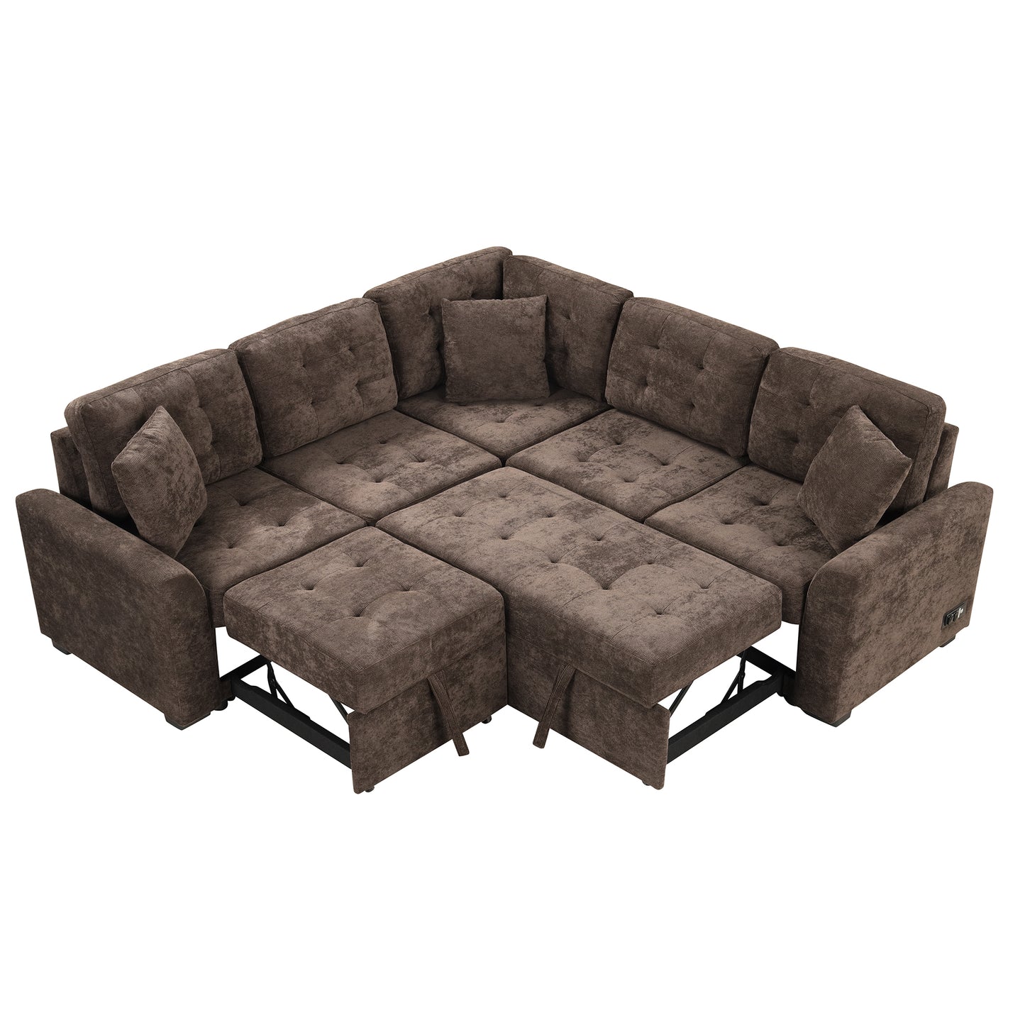 82.6" L-shape Sofa Bed Pull-out Sleeper Sofa with Wheels, USB Ports, Power Sockets for Living Room, Brown