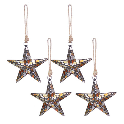 6.5" Mosaic Metal Star Ornament, Hanging Home Decor Accents for Christmas Tree, Wall Art, Holiday Display, Set of 4