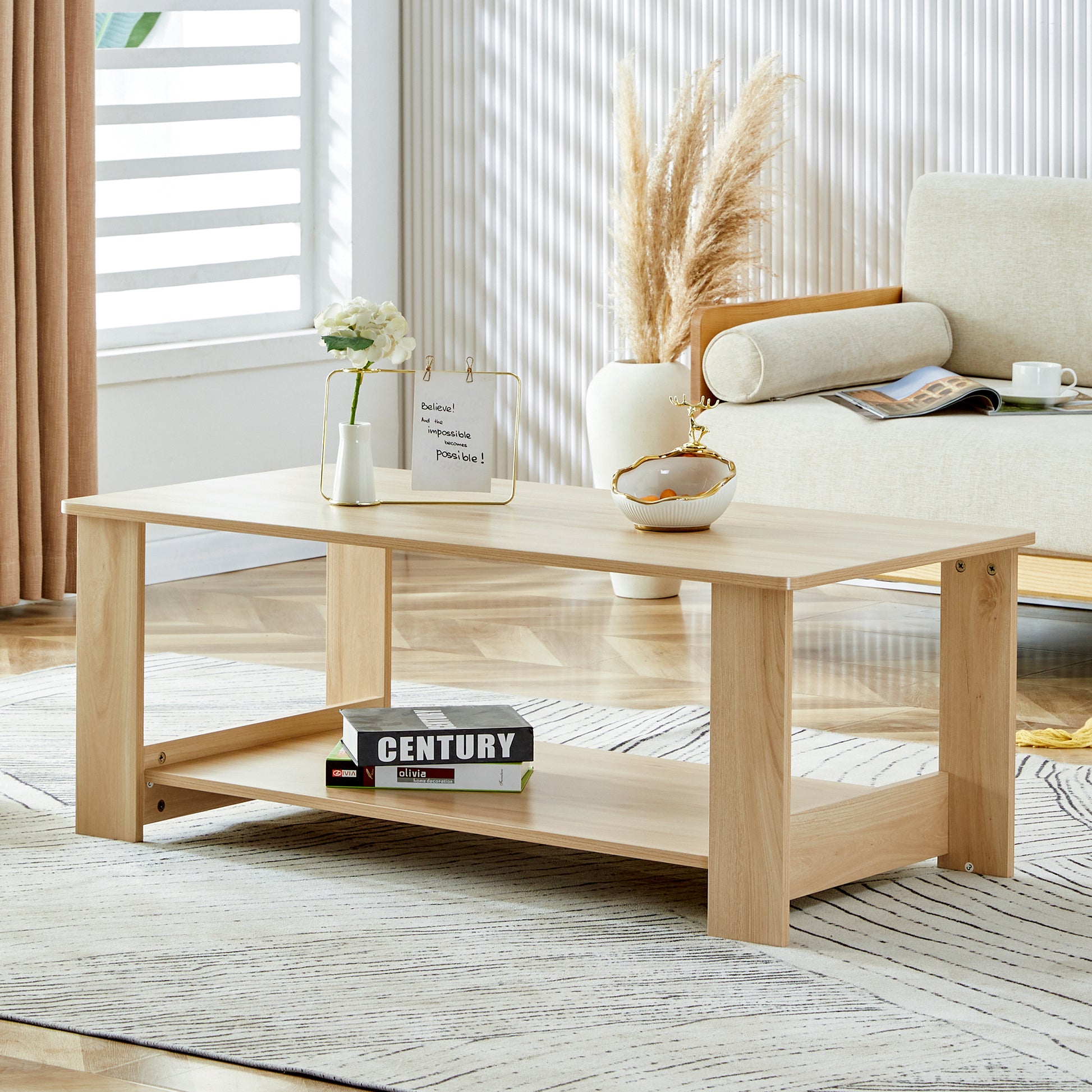 A modern and practical log colored textured coffee table,tea table. The double-layer coffee table is made of MDF material. Suitable for living room 43.3"*21.6"*16.5"