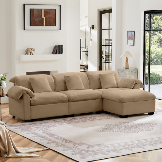 L Shaped Sectional Sofa With Storage Seats and Storage Ottoman, Modern Velvet 3 -Seat Sofa With Reversible Ottoman, Soft Cushion Fluffy Armrest Couch for Living Room ,Tan