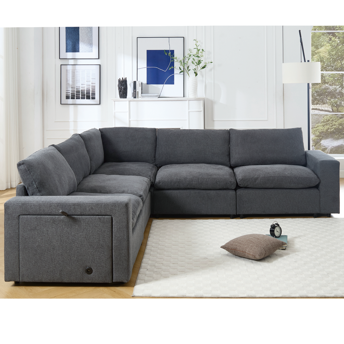 [NEW ARRIVED] [VIDEO PROVIDED]Sectional Couches For Living Room,Modular Couch,Wireless Charging Port & Cup Holders,5-seat ,DIY Combination,L-shaped Sofa,Book Storage Space,Soft Linen Fabric,Gray