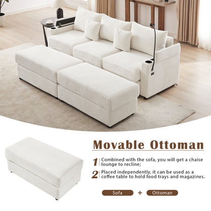 95.3" Modern Style 3-Seater Sofa Sectional Sofa Couch with Storage Space, Two Movable Ottomans, Two USB Ports, Two Cup Holders, A Phone Holder for Living Room, Beige