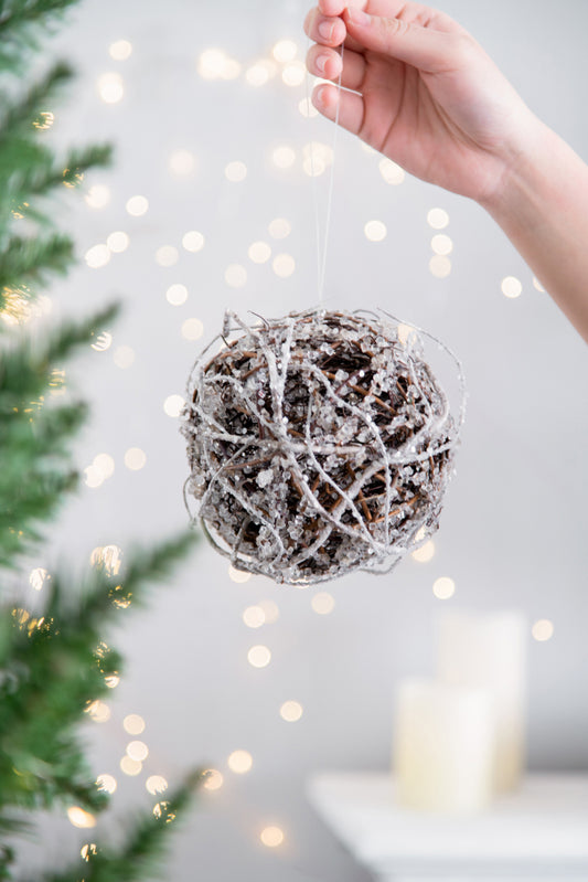 D5" Iced Twig Ball, Decorative Hanging Ball Christmas Tree Ornaments for Holiday Party Decorations, Set of 4