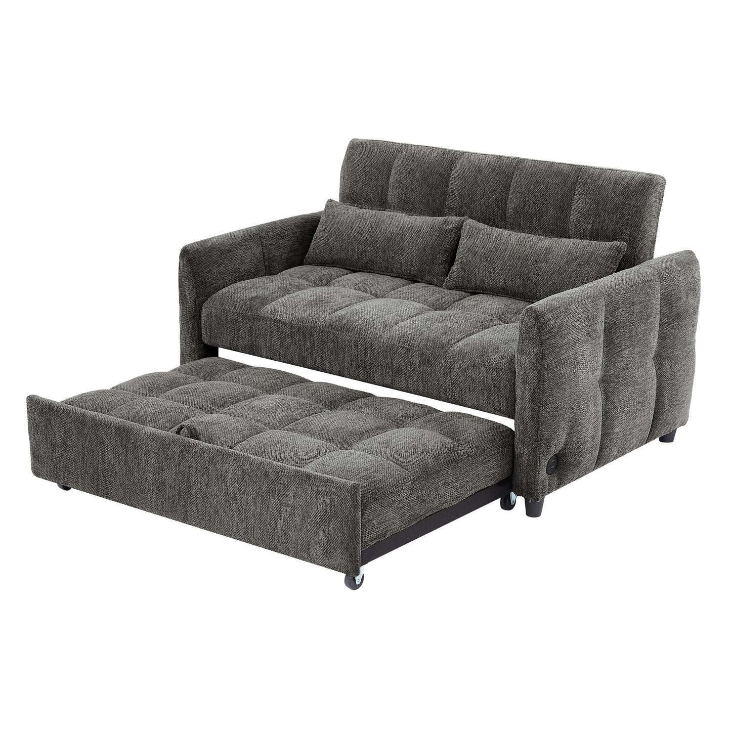 52.8" Loveseat Sofa Pull-out Sofa Bed Tufted Sleeper Sofa with an Adjustable Backrest, Three USB Ports and Two Lumbar Pillows for Living Room, Grey