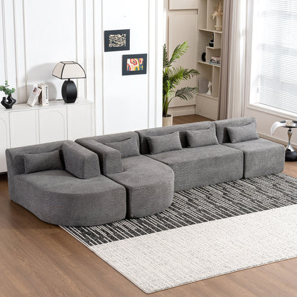 143.7" Upholstered Sofa Free-combined Sofa Couch with Two Chaise Lounge and Five Back Pillows for Living Room, Light Gray