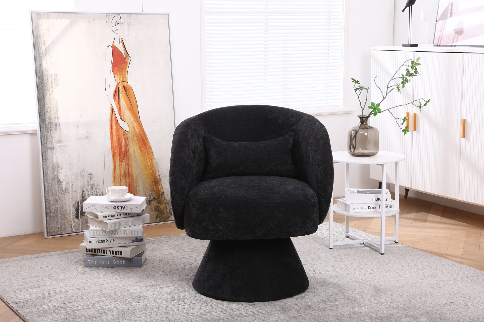 Swivel Accent Chair Armchair, Round Barrel Chair in Fabric for Living Room Bedroom(Black)