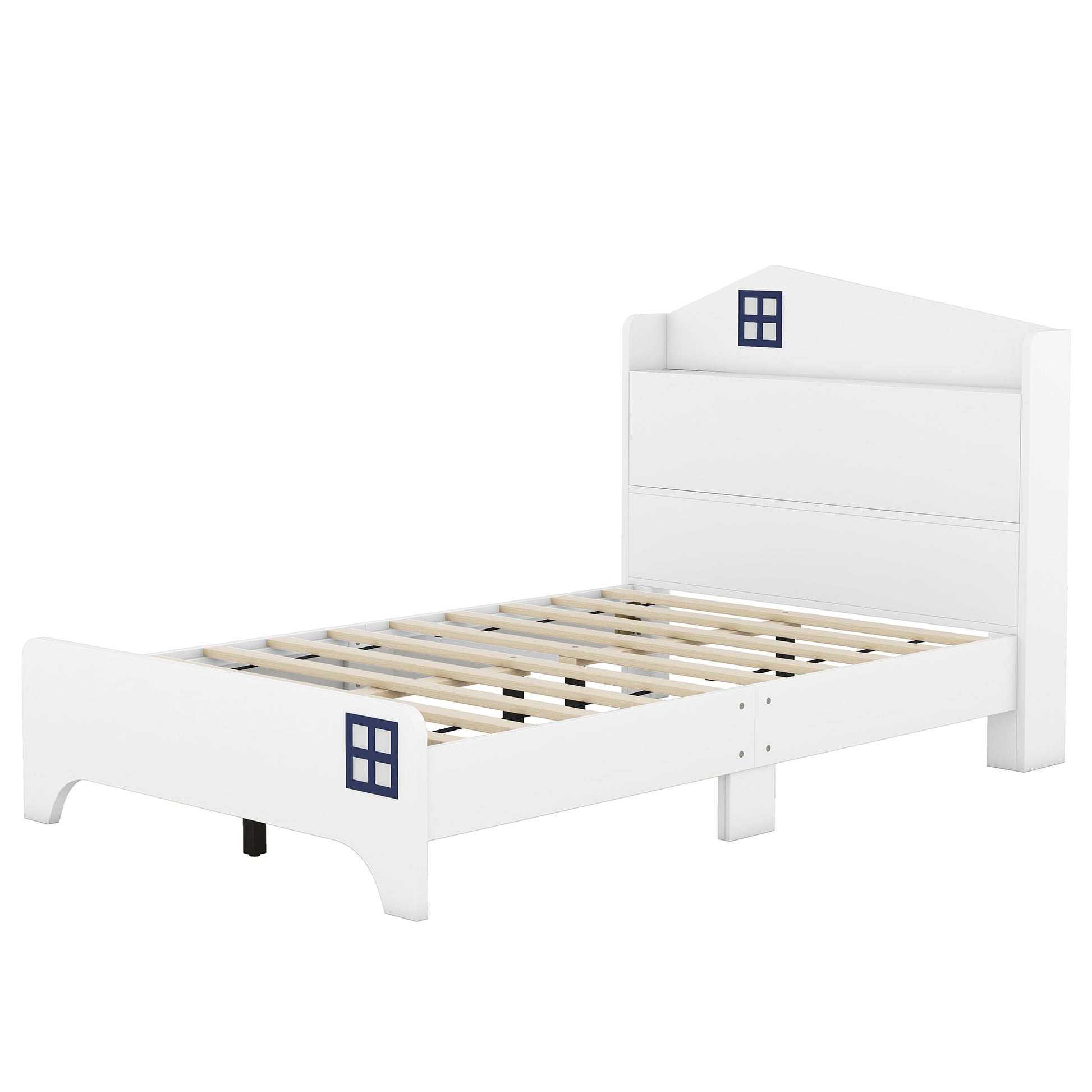 Wooden Twin Size House Bed with Storage Headboard ,Kids Bed with Storage Shelf, White