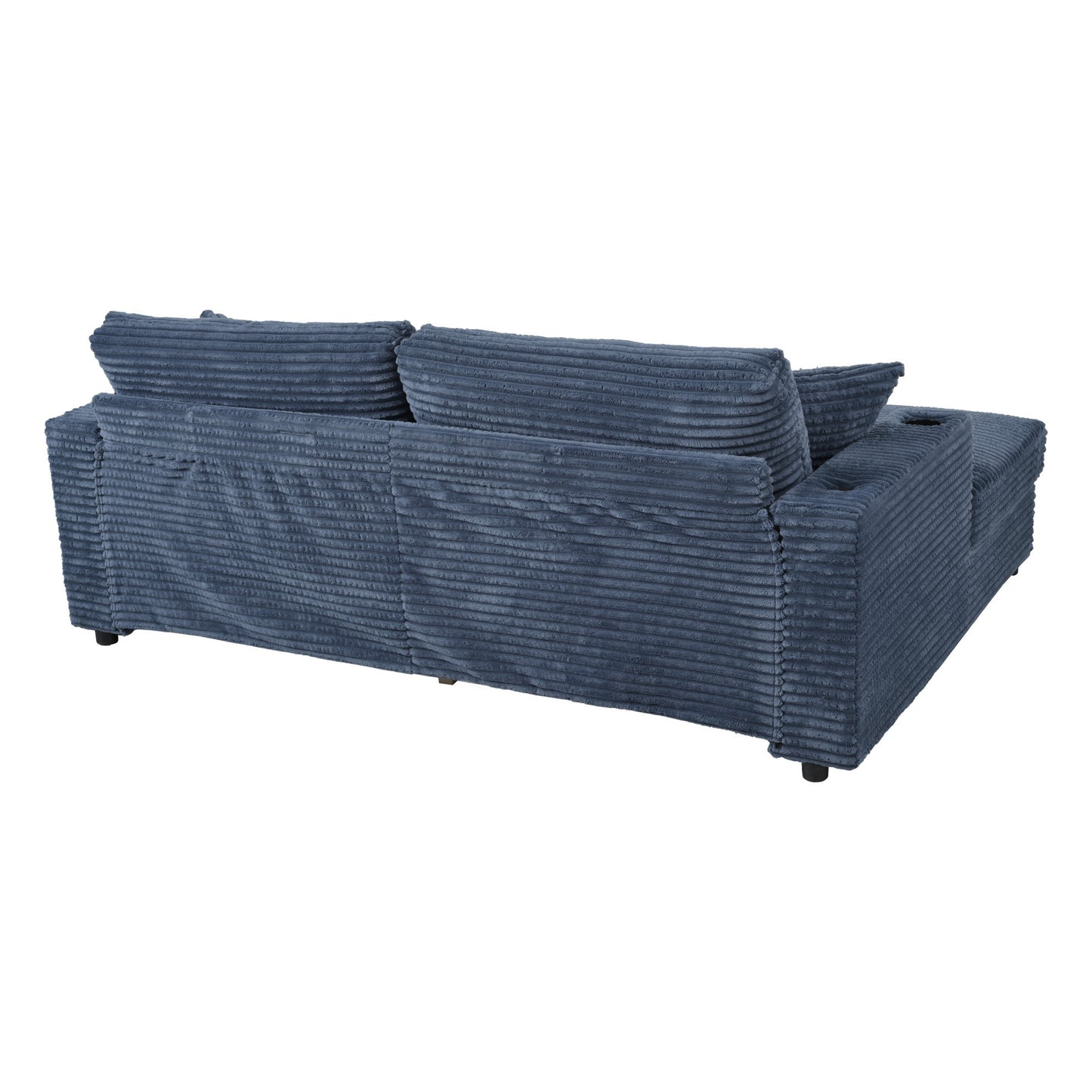 86.5" Oversized Loveseat Chaise Lounge Sectional Sofa Bed Corduroy Sleeper Sofa with Two USB Ports , Two Cup Holders and Two Throw Pillows for Living Room and Bedroom, Blue