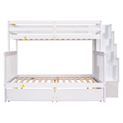 Twin Over Full Bunk Bed with 2 Drawers and Staircases, Convertible into 2 Beds, the Bunk Bed with Staircase and Safety Rails for Kids, Teens, Adults, White