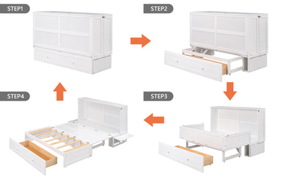 Queen Size Mobile Murphy Bed with Drawer and Little Shelves on Each Side,White