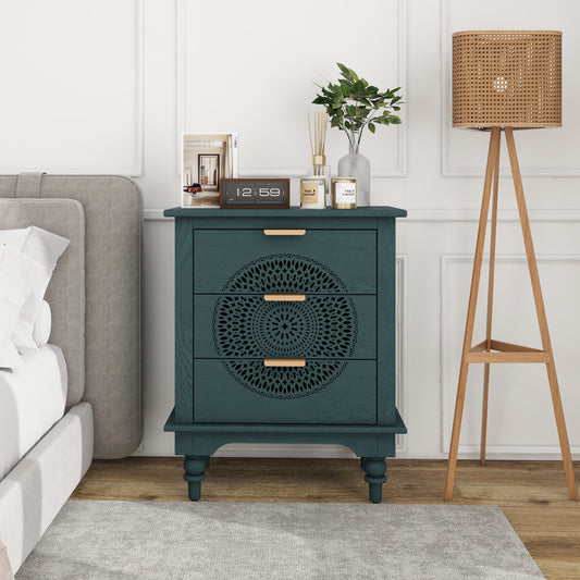 Hollow-Carved  3 Drawer Dresser Storage Chest with Metal Handles For Living Room Bedroom