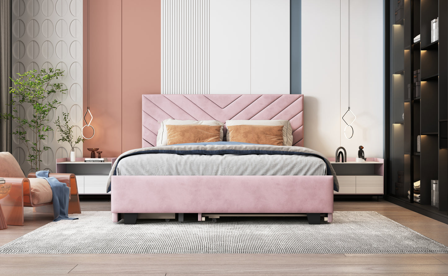 Queen Size Upholstered Platform Bed with Twill Headboard, Pullout Bed and Two Drawers, Flannel,Pink