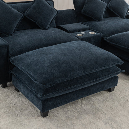 112.6" Sectional Sofa Chenille Upholstered Sofa with Two Removable Ottoman, Two USB Ports, Two Cup Holders and Large Storage Box for Living Room, Blue