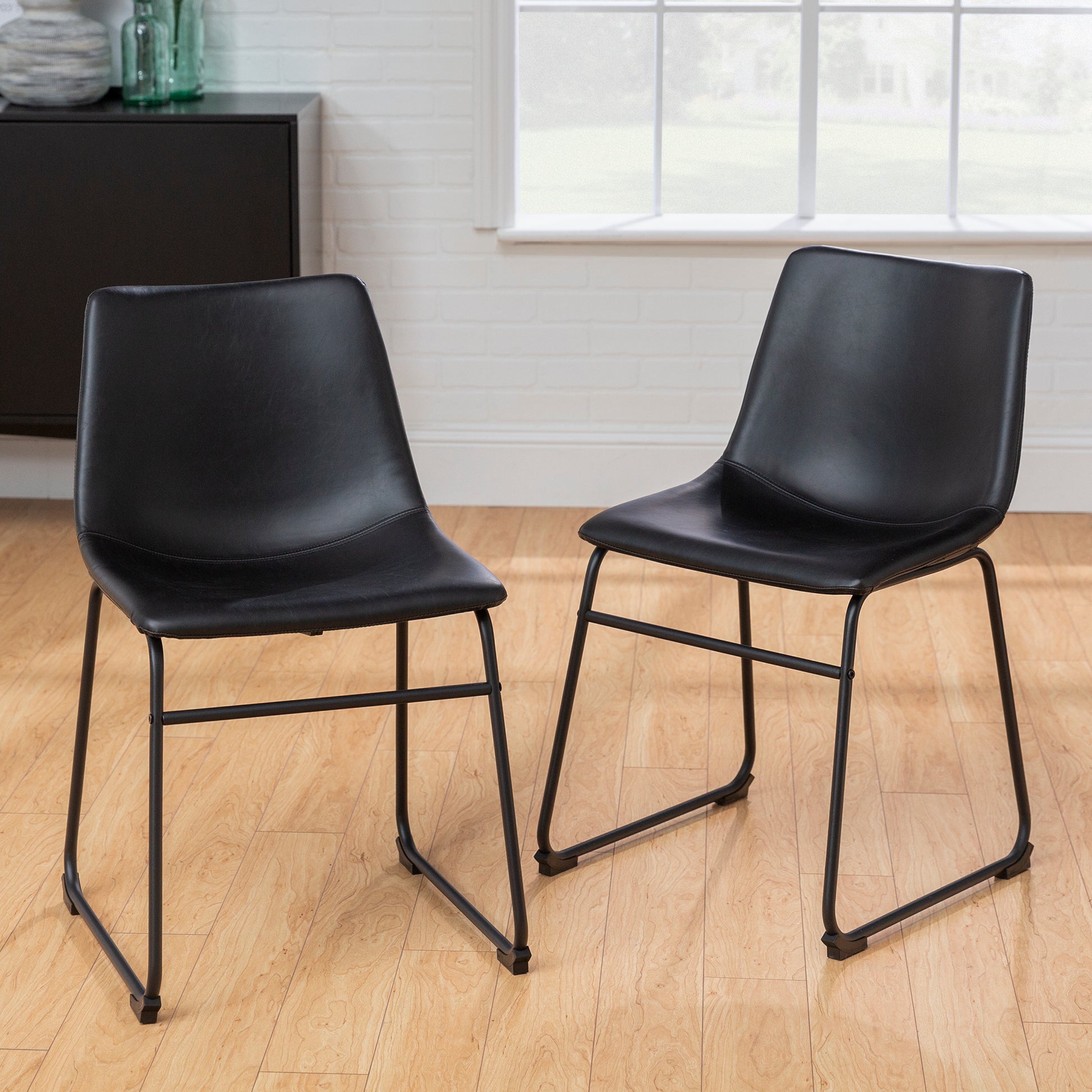 Industrial Faux Leather Dining Chairs, Set of 2 - Black