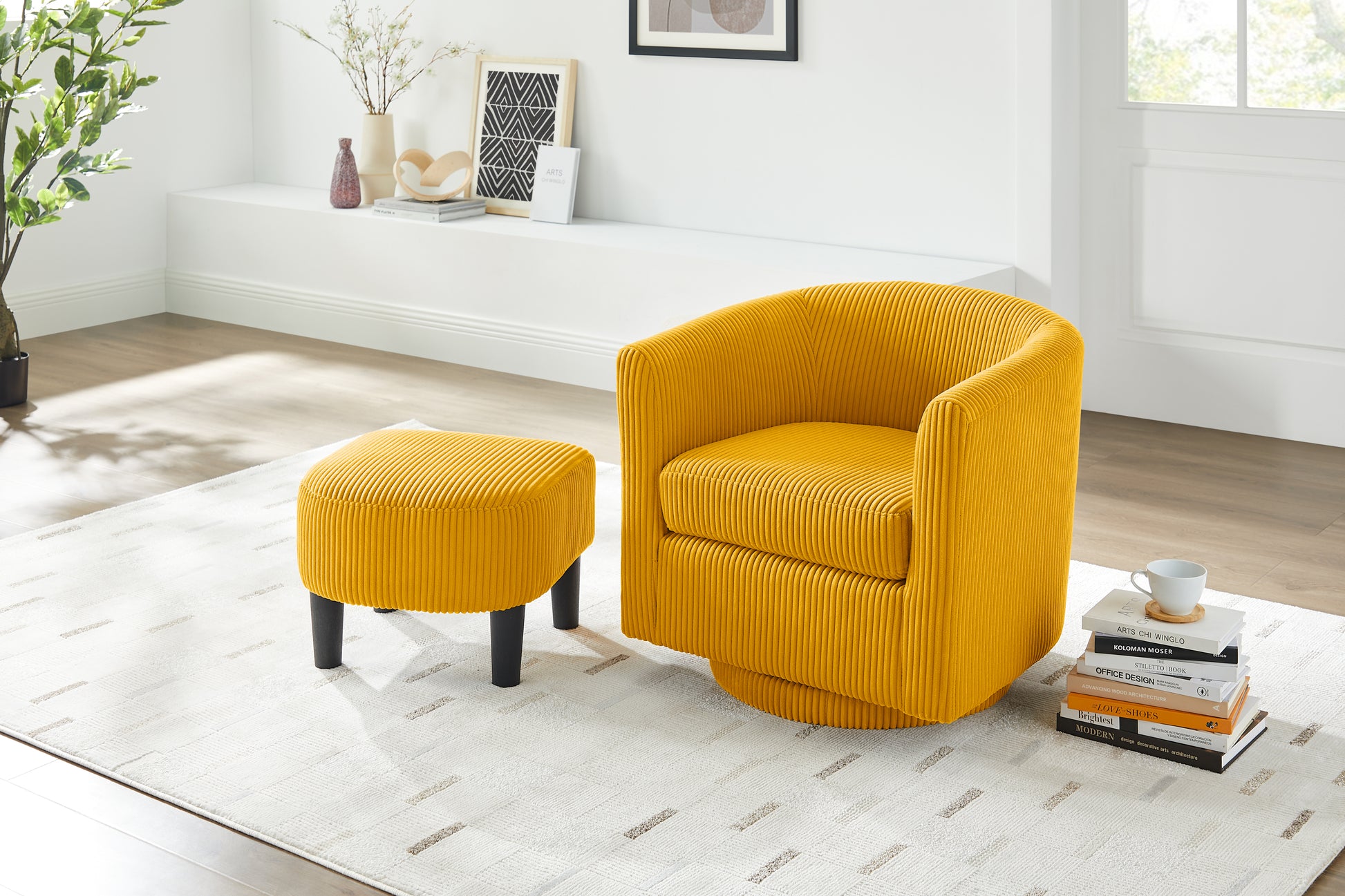 Swivel Accent Chair 360° Comfy Recliner Corduroy Arm Chair Single Sofa with Ottoman for Living Room Bedroom,Yellow