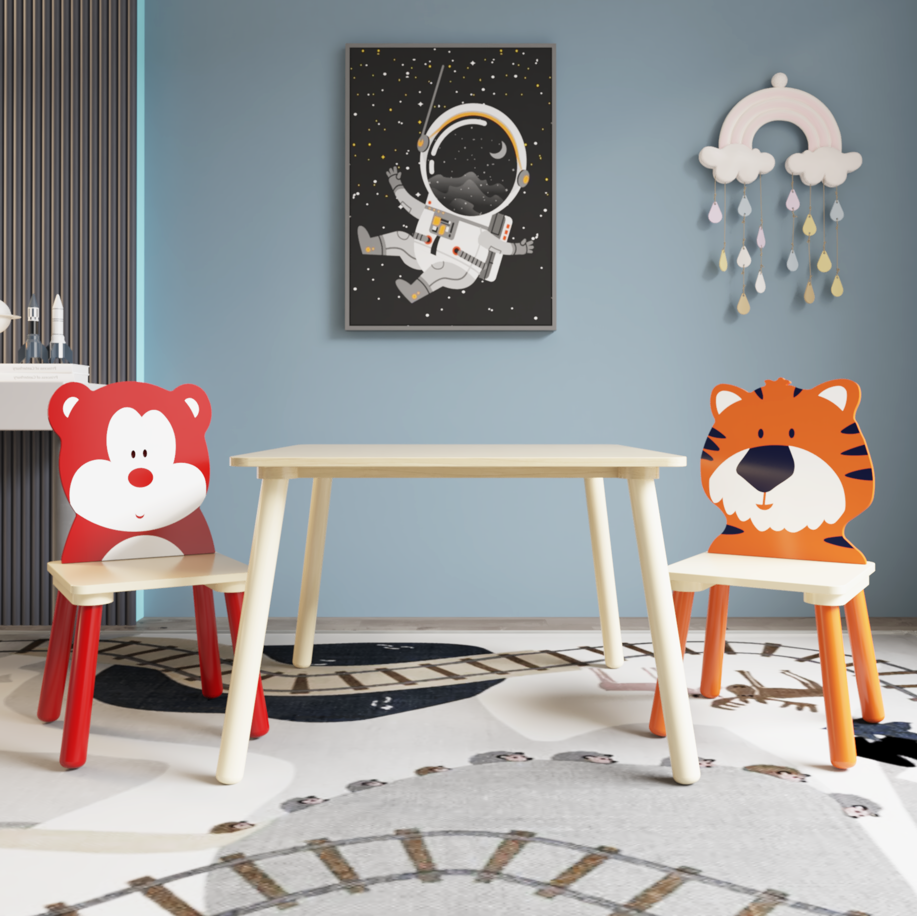 Kids Table and 2 Chairs Set, 3 Pieces Toddler Table and Chair Set, Wooden Activity Play Table Set (Bear&Tiger)