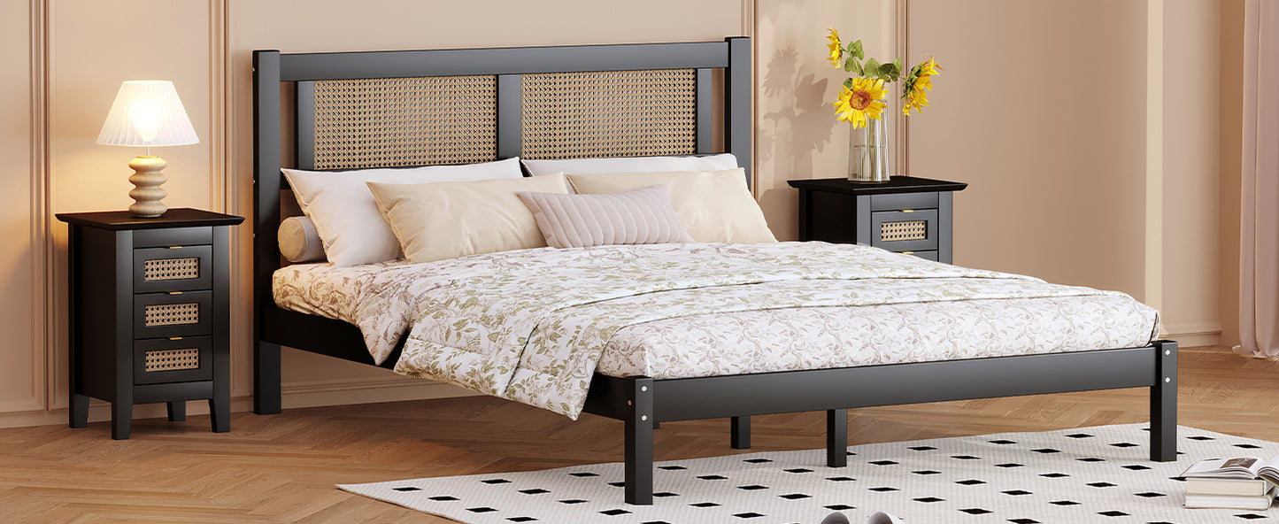 Full Size Wooden Platform Bed with Natural Rattan Headboard, Exquisite Elegance with Minimalist Charm for Bedroom, Black