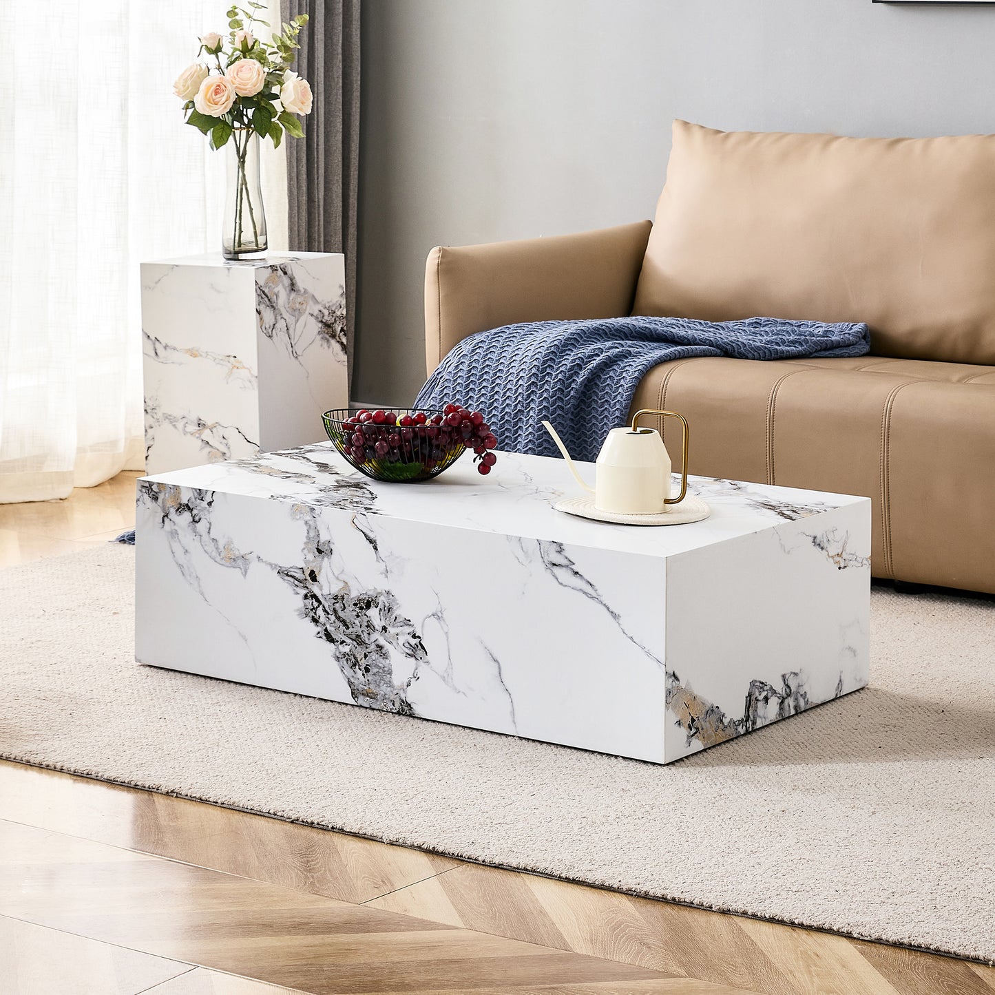 Modern MDF Coffee Table with Marble Pattern - 39.37x23.62x11.81 inches - Stylish and Durable Design W1151119518