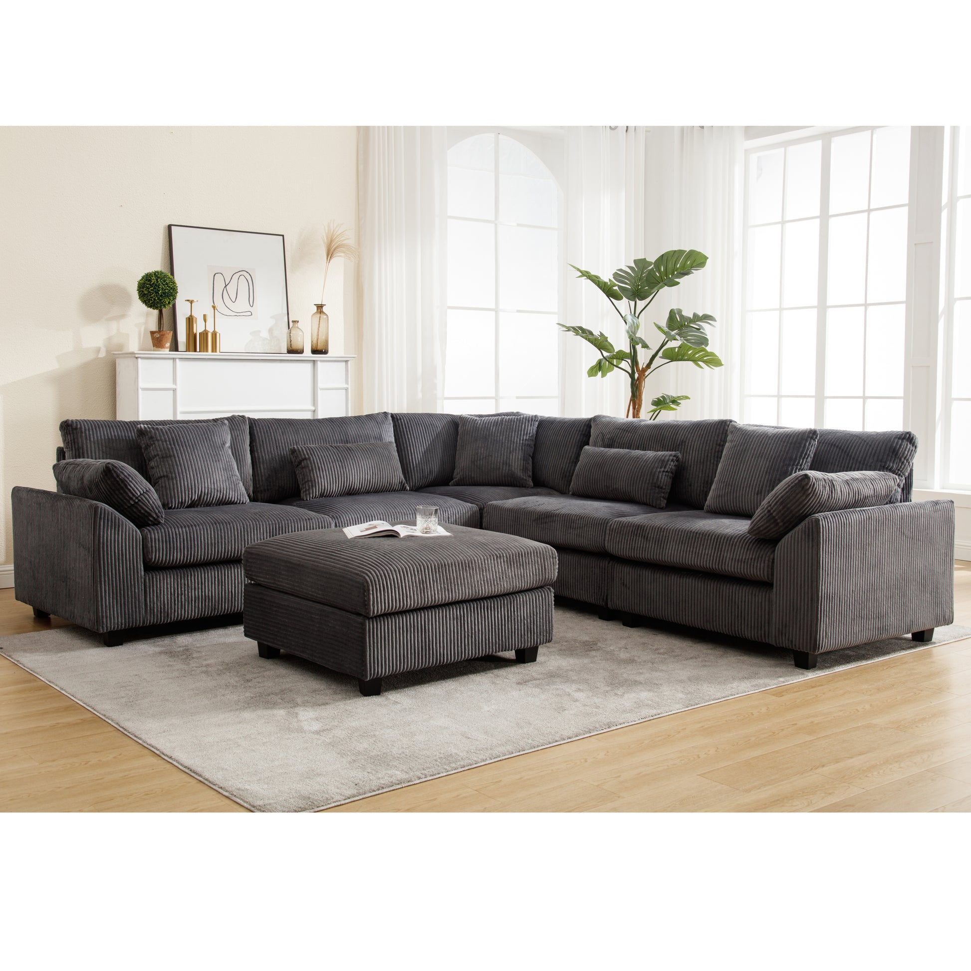 {NEW ARRIVAL} {VIDEO provided} Oversized Modular Sectional Sofa Couches Set,Corduroy Upholstered Deep Seat Comfy Sofa for Living Room,Dark Gray