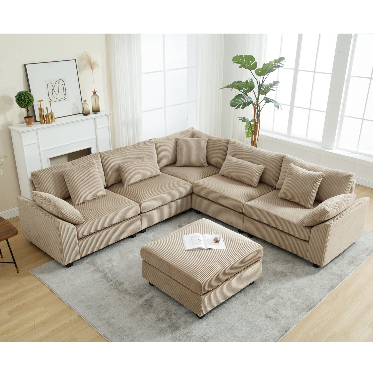 Oversized Modular Sectional Sofa Set, Corduroy Upholstered Deep Seat Comfy Sofa for Living Room, 6 Seat, Brown