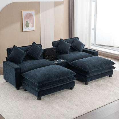 112.6" Sectional Sofa Chenille Upholstered Sofa with Two Removable Ottoman, Two USB Ports, Two Cup Holders and Large Storage Box for Living Room, Blue