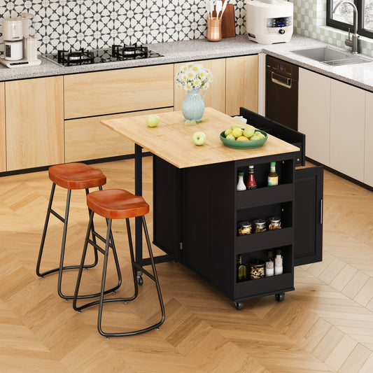 Multi-Functional Kitchen Island Cart with Stylish and Minimalist Bar Stools, Combination Set, Convenient and Practical (Black Kitchen Island + Brown Bar Stools)