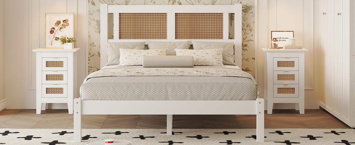 Full Size Wooden Platform Bed with Natural Rattan Headboard, Exquisite Elegance with Minimalist Charm for Bedroom, White