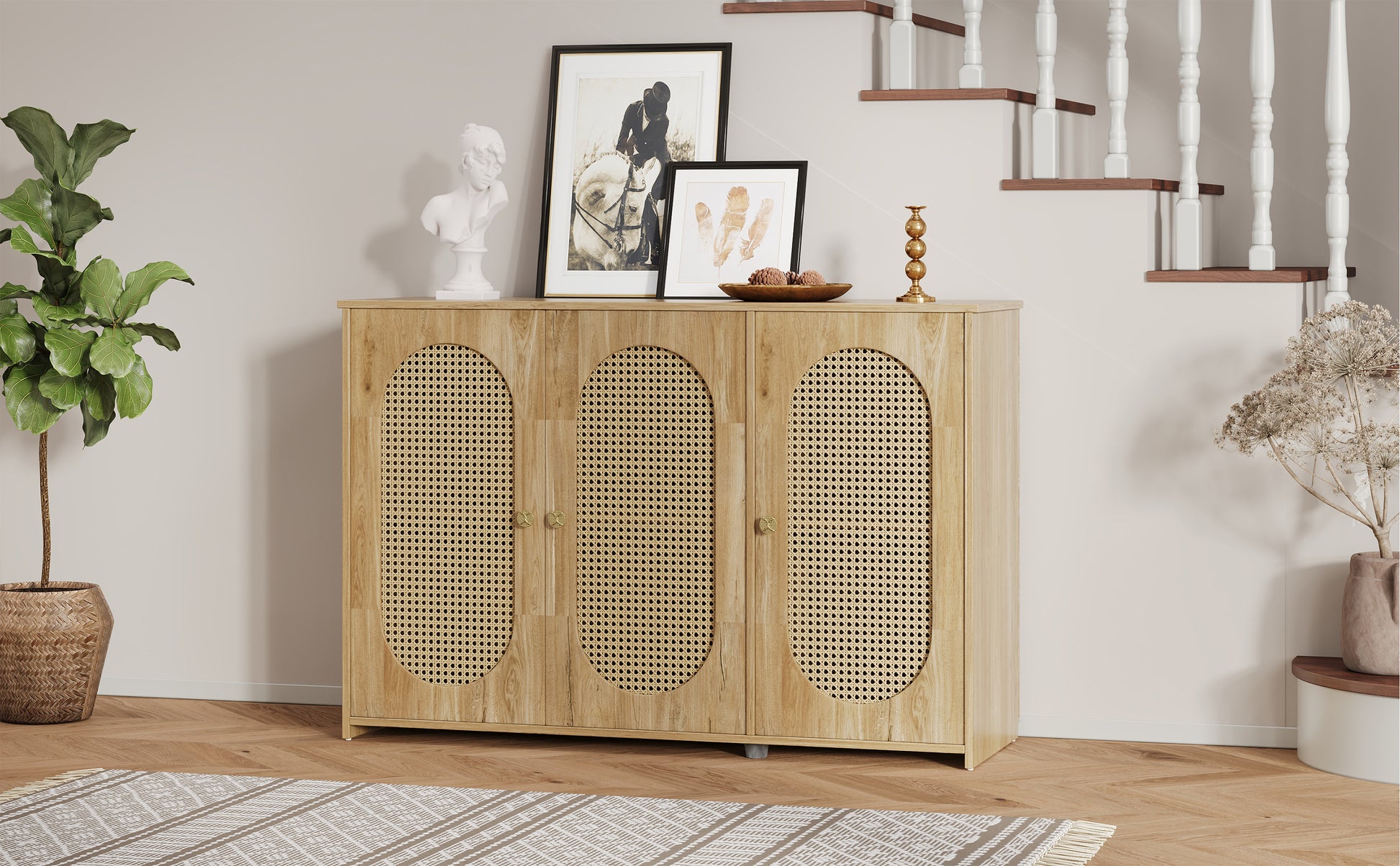 TREXM Retro 3-Door Sideboard with Large Storage Space Artificial Rattan Doors and Metal Handles, Accent Cabinet for Living Room and Hallway (Natural Wood)