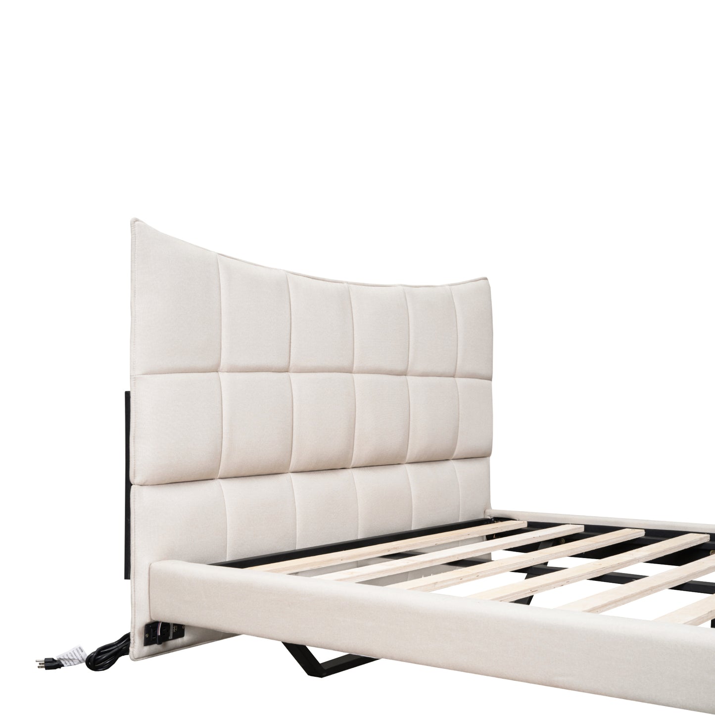 Full Size Upholstered Platform Bed with LED Lights,USB Ports and Outlets,Linen Fabric,Beige