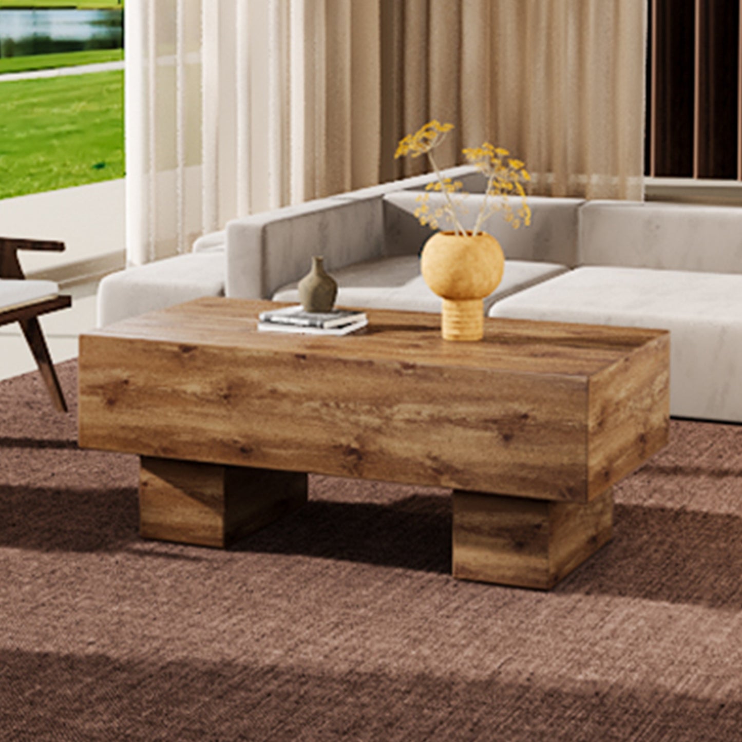 This modern rectangular coffee table features a stylish wood color, making it an ideal addition to any living room or apartment, and measures 43.3 "x 21.6" x 17.2 ".