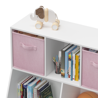 Kids Bookcase with Collapsible Fabric Drawers, Children's Toy Storage Cabinet for Playroom, Bedroom, Nursery, School, White/Pink