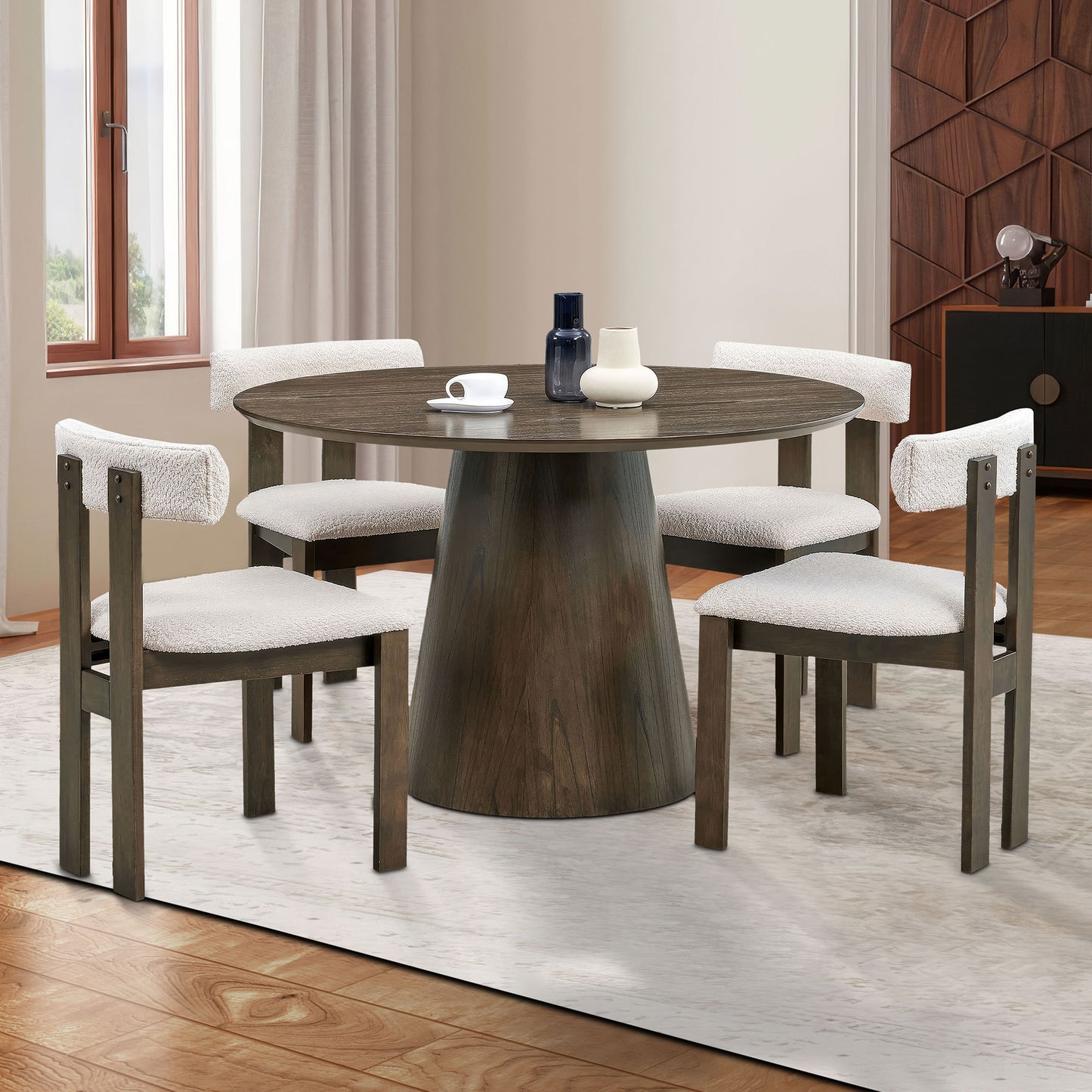 (1 Table with 4 Chairs)Wooden Dining Table Set, Modern Round MDF Kitchen Table and Boucle Upholstered Dining Chairs for Dining Room, Kitchen, Saving Space,Walnut