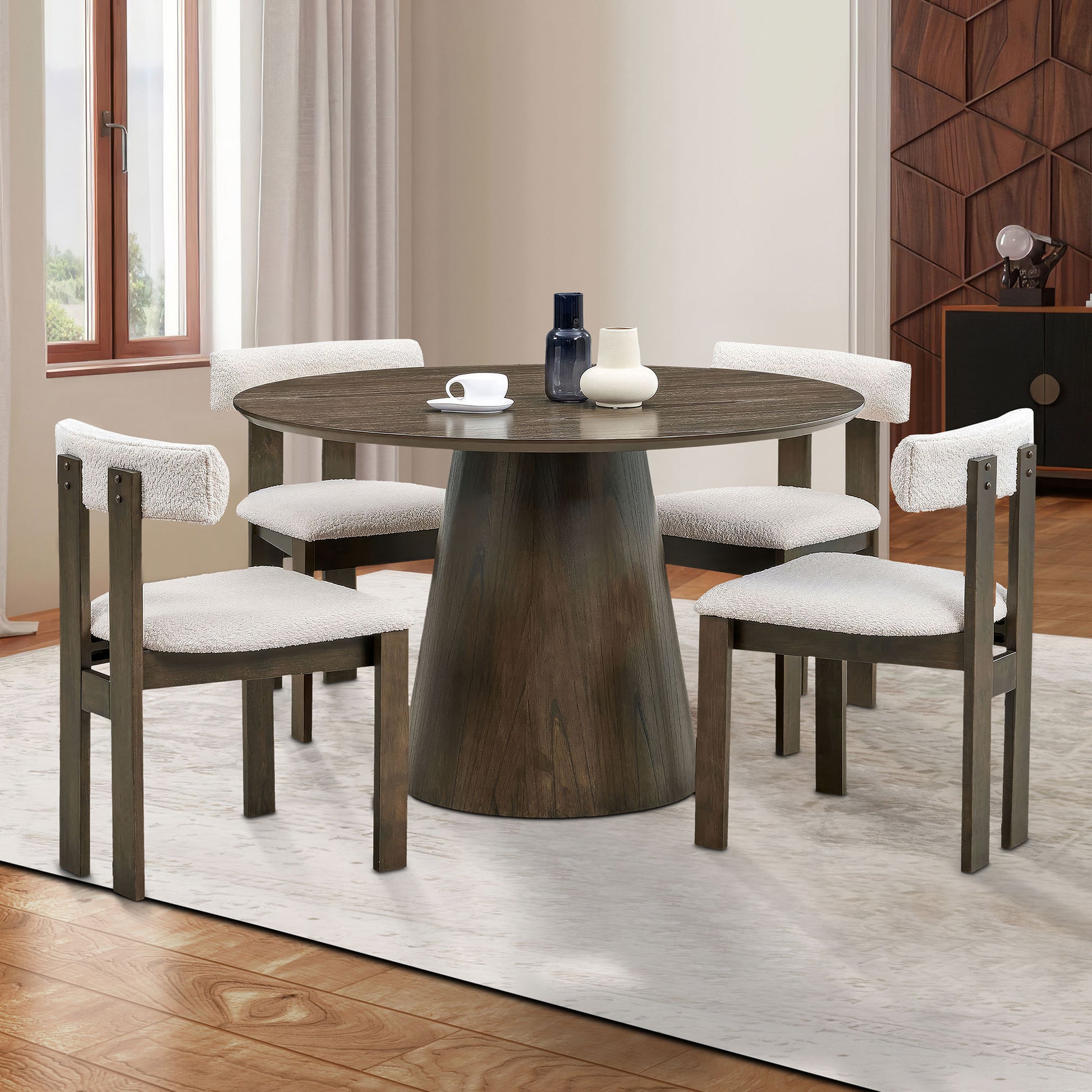 (1 Table with 4 Chairs)Wooden Dining Table Set, Modern Round MDF Kitchen Table and Boucle Upholstered Dining Chairs for Dining Room, Kitchen, Saving Space,Walnut