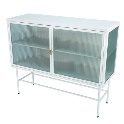 White Sideboard Storage Cabinet With Two Fluted Glass Doors Detachable Shelves Bottom Space for Living Room, Office, Dinging Room and Entryway