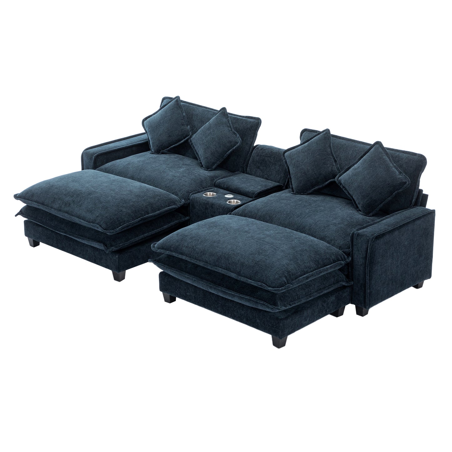 112.6" Sectional Sofa Chenille Upholstered Sofa with Two Removable Ottoman, Two USB Ports, Two Cup Holders and Large Storage Box for Living Room, Blue