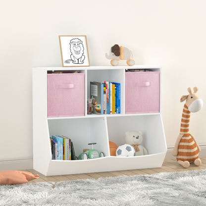 Kids Bookcase with Collapsible Fabric Drawers, Children's Toy Storage Cabinet for Playroom, Bedroom, Nursery, School, White/Pink