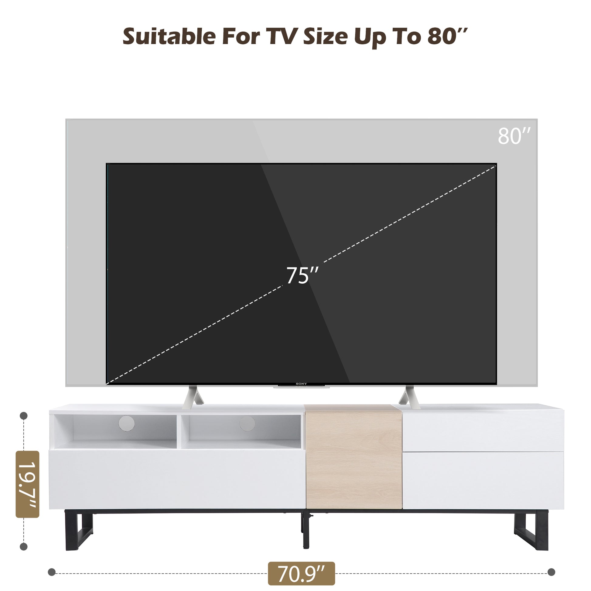 Modern TV Stand for 80'' TV with Double Storage Space, Media Console Table, Entertainment Center with Drop Down Door for Living Room, Bedroom, Home Theatre