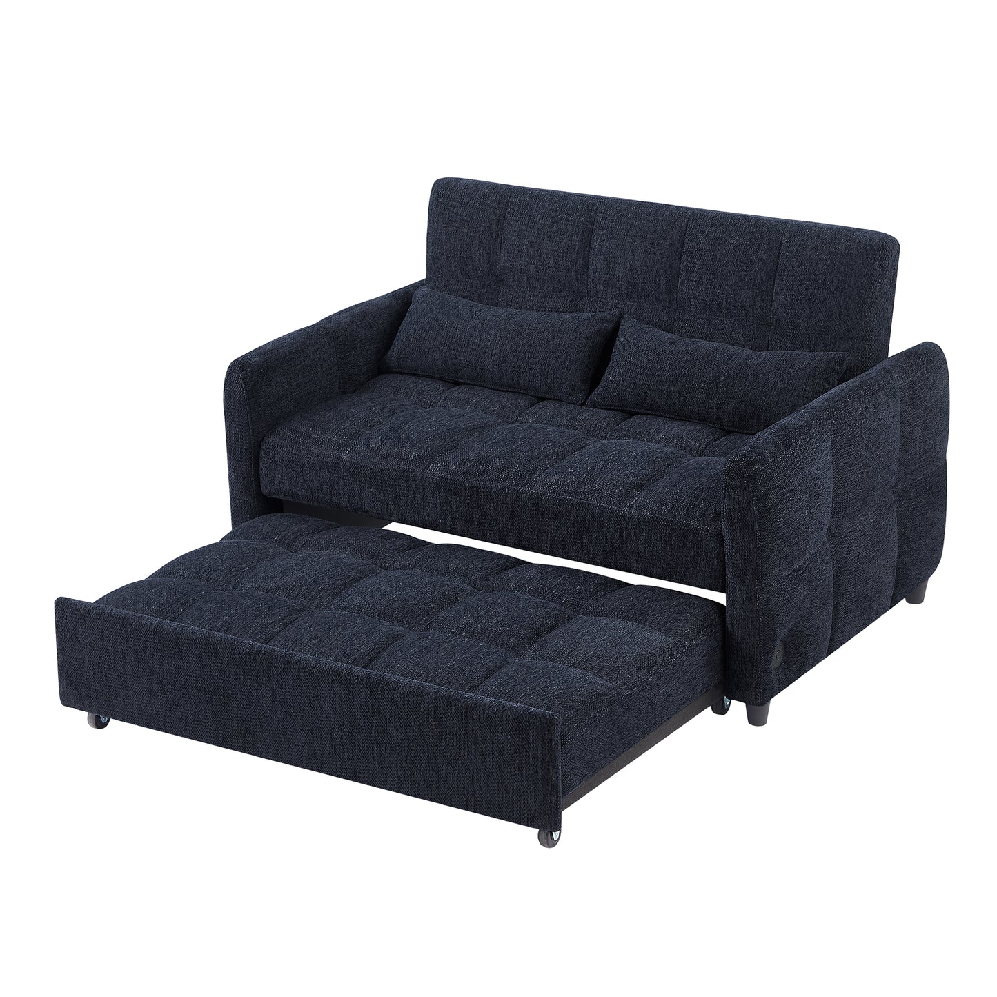 52.8" Loveseat Sofa Pull-out Sofa Bed Tufted Sleeper Sofa with an Adjustable Backrest, Three USB Ports and Two Lumbar Pillows for Living Room, Blue