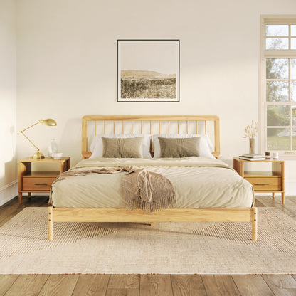 Mid-Century Modern Solid Wood King Spindle Bed – Natural Pine