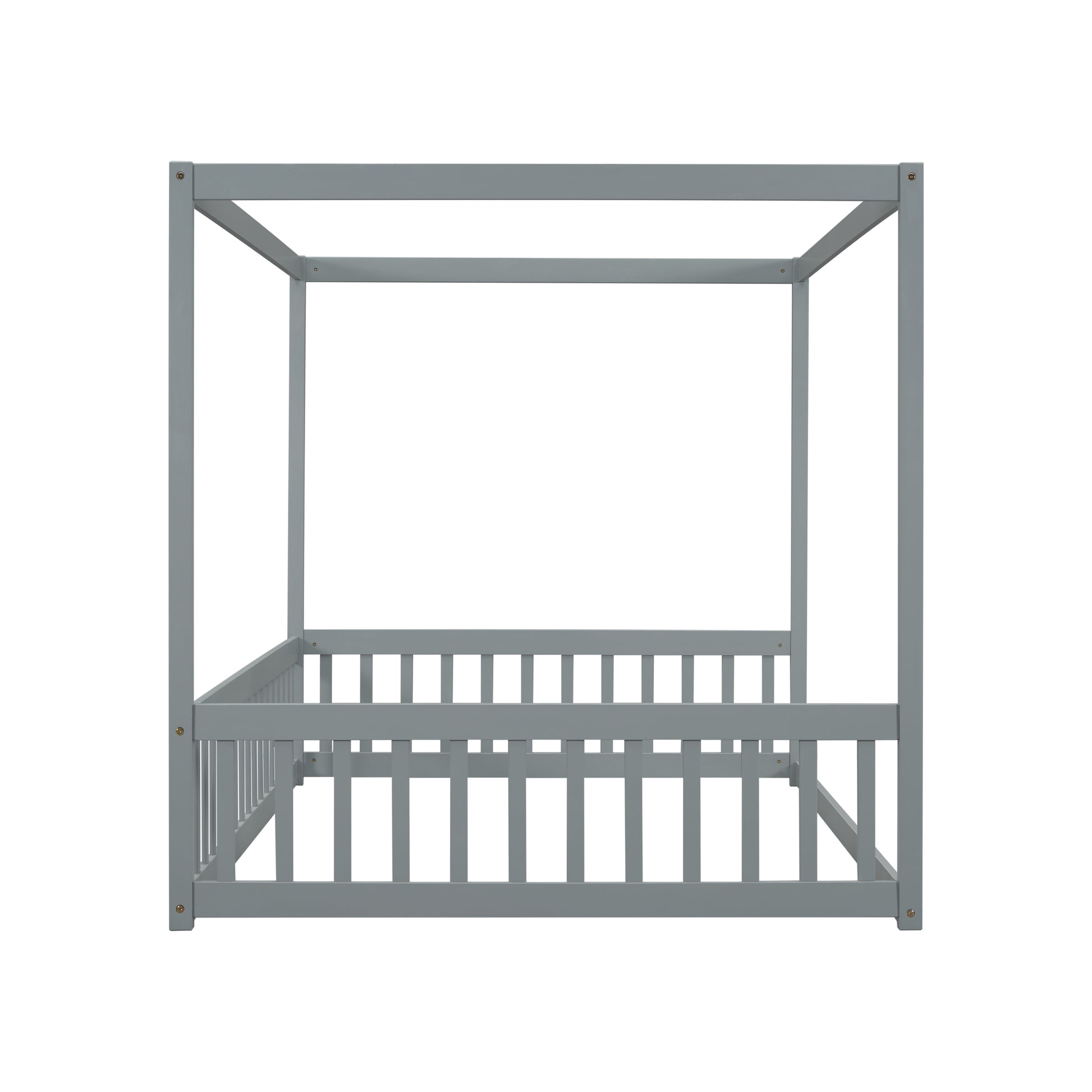 Full Size Canopy Frame Floor Bed with Fence, Guardrails,Grey