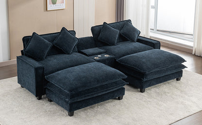 112.6" Sectional Sofa Chenille Upholstered Sofa with Two Removable Ottoman, Two USB Ports, Two Cup Holders and Large Storage Box for Living Room, Blue