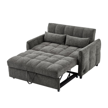 52.8" Loveseat Sofa Pull-out Sofa Bed Tufted Sleeper Sofa with an Adjustable Backrest, Three USB Ports and Two Lumbar Pillows for Living Room, Grey