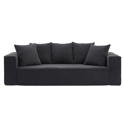 88.97 inch Soft Corduroy Upholstery Streamlined Design sofa with 5 Pillows, Ample and Cozy 3 Seater Couch for Modern Spaces for Living room,office BLACK