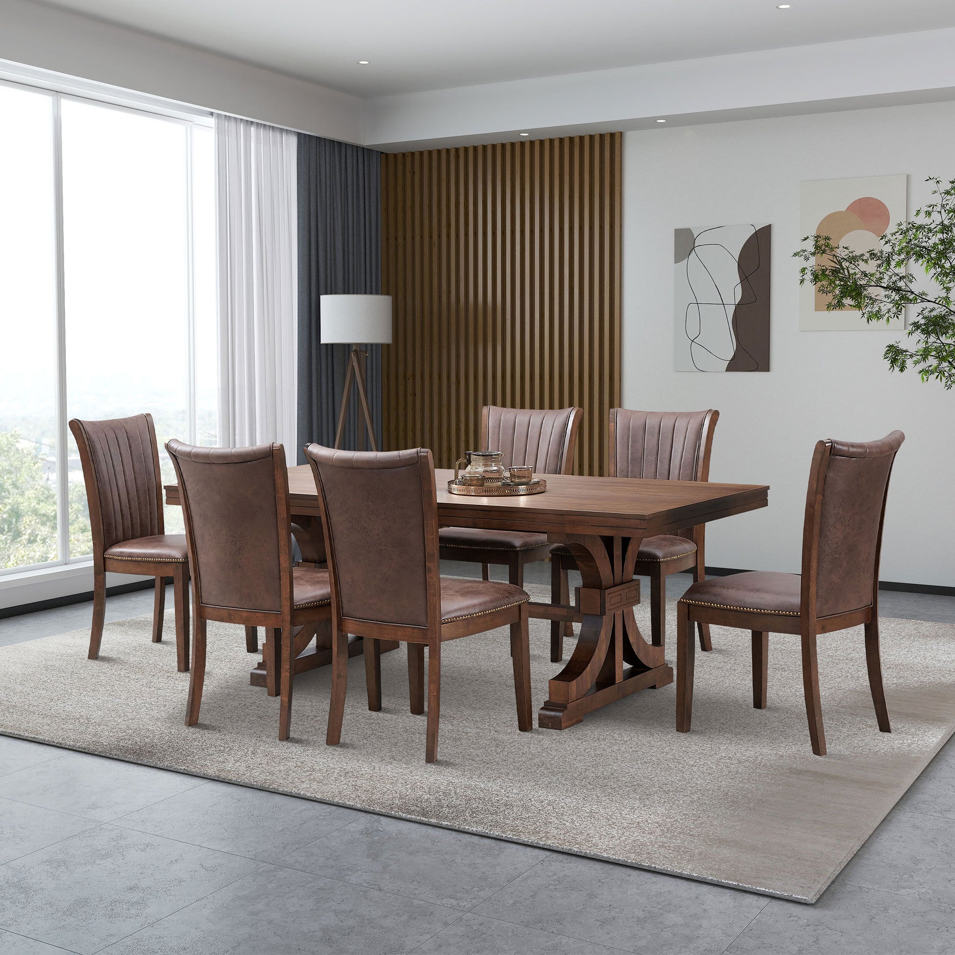 Mid Century Modern Dining Table Set for 7,Rectangular Table and 6 Kitchen Room Chairs,7 Piece Kitchen Table Set for Dining Room,Faux Leather Upholstered 6PCS Side Chairs,OAK