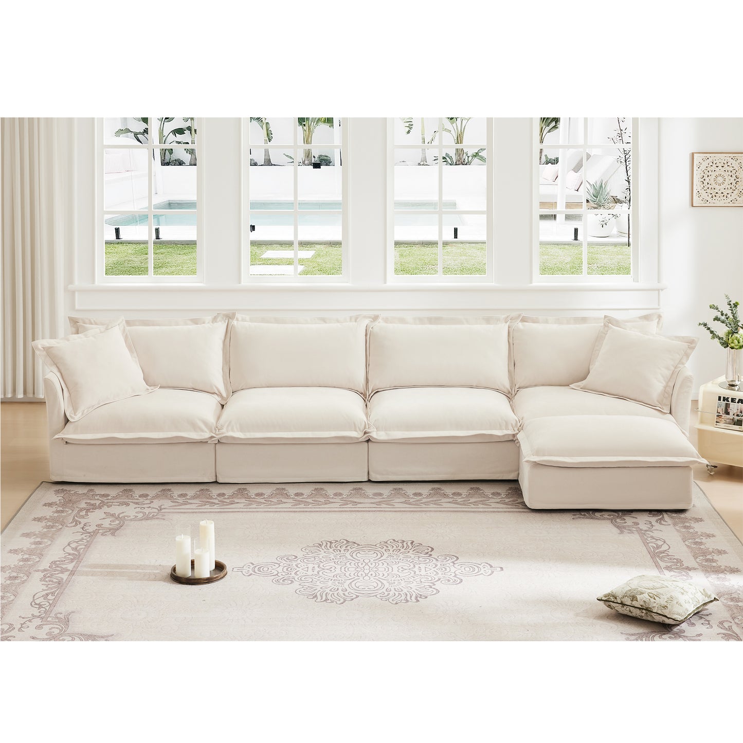 Slipcovered L Shape Sectional Long Sofa Couch, 4 Seater Sofa with Suppleness Armrests, Chenille Deep Seat Sofa with 2 Big Pillows, Comfy Couch for Living Room, Apartment, Chenille Fabric, Cream