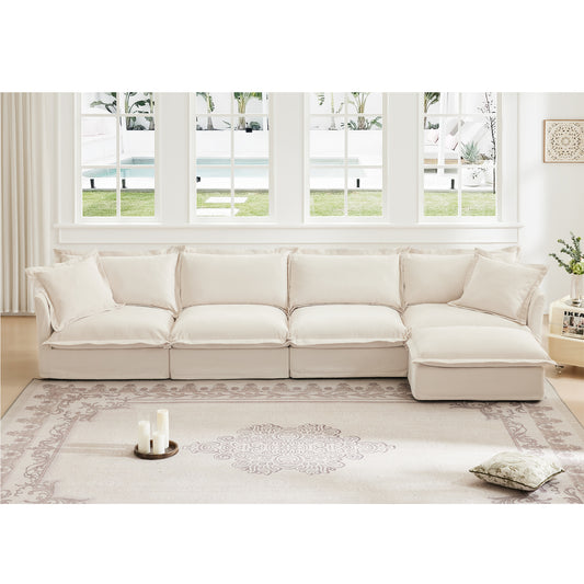 Slipcovered L Shape Sectional Long Sofa Couch, 4 Seater Sofa with Suppleness Armrests, Chenille Deep Seat Sofa with 2 Big Pillows, Comfy Couch for Living Room, Apartment, Chenille Fabric, Cream