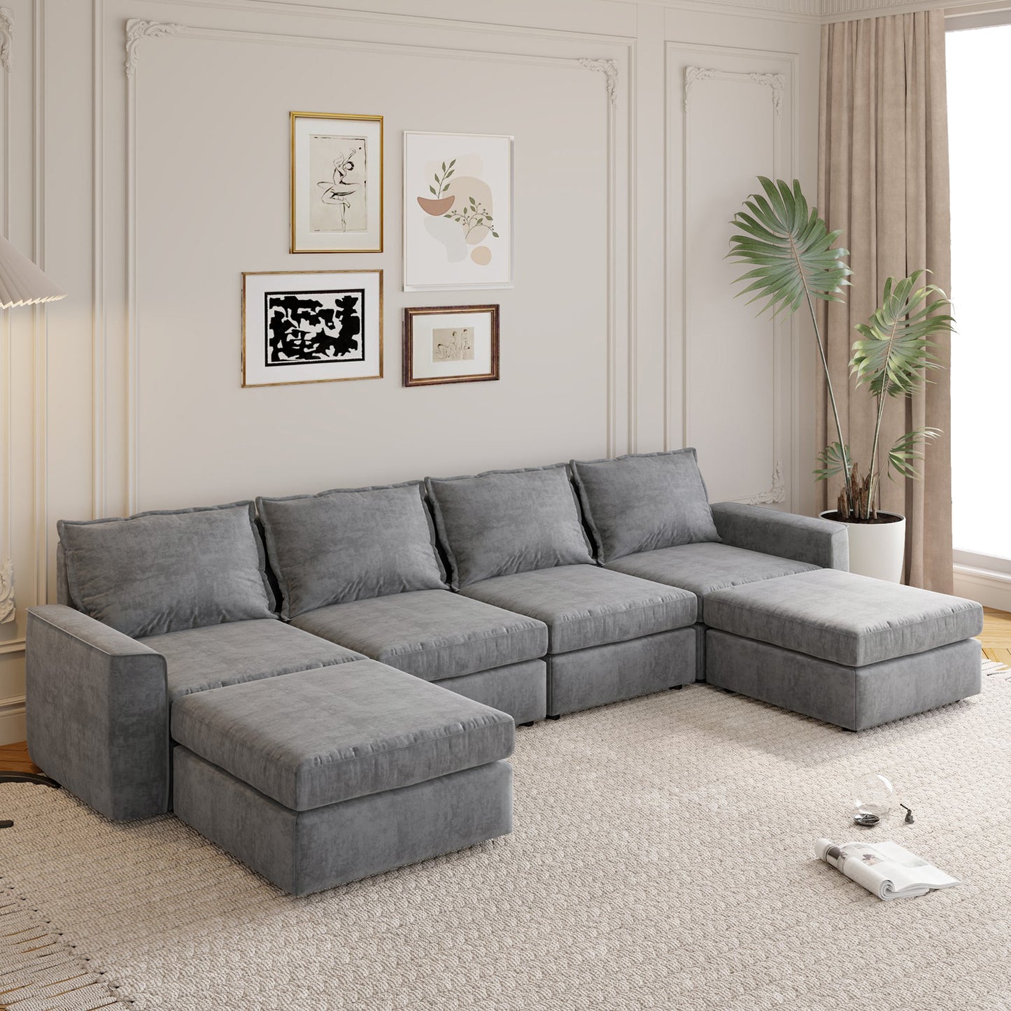 [VIDEO provided][New]115*58" Chenille Modular Sectional Sofa,U Shaped Reversible Couch,Free Combination,6 Seat Sleeper Sofa Bed with Ottoman,Convertible Oversized Indoor Furniture for Living Room,Gray