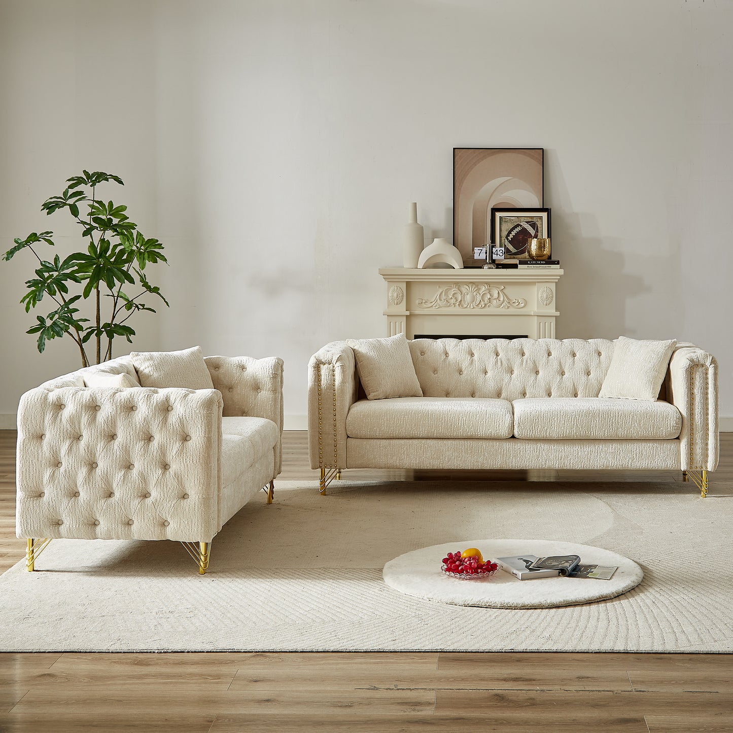 Chenille Pull Buckle Design Sofa for Living Room,Buttons Tufted With Copper Nail Decoration Armrest, Modern Couch Upholstered Button And Metal Legs