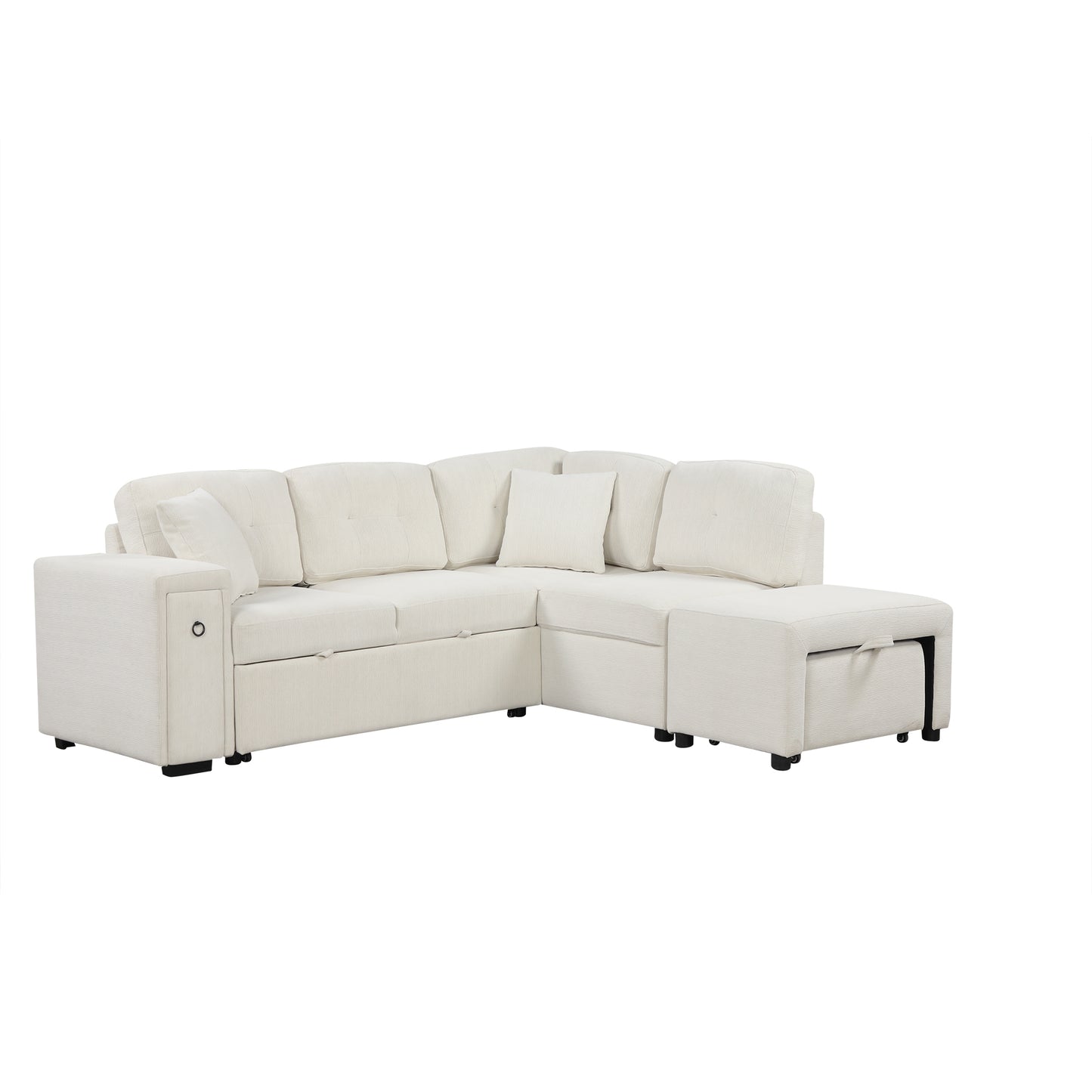 86.6" Sectional Sofa L-shaped Sofa Couch Pull-out Sofa Bed with a Movable Ottoman, Two USB Ports  and Two Cup Holders for Living Room, Beige